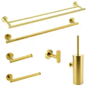 Brushed Gold Round Towel Rail Rack Toilet Paper Roll Holder Robe Hook Brush Kit