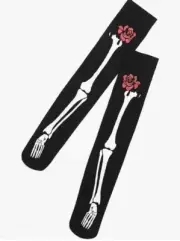 Halloween Skeleton with Bones and Roses Pencil Knee-High Socks Black