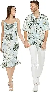[Hawaii Hangover] Matchable Couple Hawaiian Luau Shirt or Mermaid Ruffle Dress in Wispy Cereus Light Blue