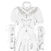 Puff-Sleeve Butterfly Print Asymmetrical Cropped Blouse / High Rise Plain Ruffle Mini A-Line Skirt / Leg Warmers / Arm Sleeves / Set 23W158 - Set of 3 - Camisole Top & Buckle Shrug & Arm Sleeves - White - S