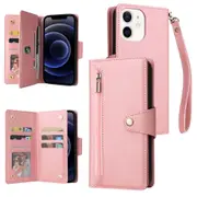 Willow Buckle Zipper Wallet Phone Purse Case With Straps for Iphone-Rose gold