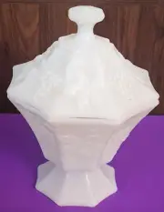 Grapes and Leaves Octagonal Milk Glass Candy Dish with Lid . About 10" Tall