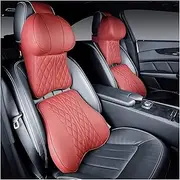 Car Neck Pillow 3D Memory Foam Headrest Cushion Embroidered Leather Lumbar Support for Back Pain Women Men Seat Accessories(Wine red Set 2pcs)