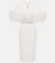 [Safiyaa] Safiyaa Bridal feather-trimmed crêpe midi dress AU 10 white