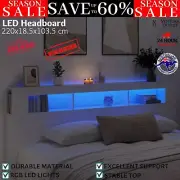 LED Lights Headboard White 220cm Wooden Bed Frame Head Bedhead with Storage