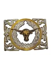 Cowboy Belt Buckle For Man - Long Horn Bull Head 4 1/4"x3 1/8" Silver Tone/Gold