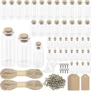 Swpeet 148Pcs 3Sizes Mini Glass Bottles with Cork Stoppers, Eye Screws, Twine, Funnel and Label Tags Assortment Kit, Mini Glass Jars Cork Stoppers Bottles for DIY Crafts Party Decoration