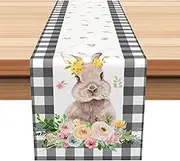 Easter Bunny Table Runner,Rustic Grey Plaid Table Runner Kitchen Farmhouse Home Dining Table Decor,Linen Happy Easter Table Runner Spring Dining Table Indoor Outdoor Party Supplies 13x72Inch
