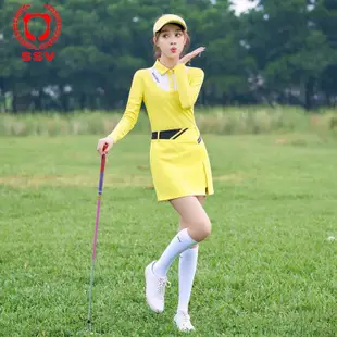 新款女士高爾夫運動套裝 長袖上衣短裙子緊身運動套裝 高爾夫服裝套裝女 吸汗韓版黃色球透氣高爾夫運動套裝 女士上衣+短裙