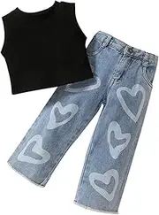 [Sprifallbaby] Toddler Girls Jeans Outfit Solid Color Ribbed Sleeveless Tank Tops Print Denim Clothes Trousers Two-Piece Set