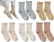 [XolngYYeng] Ruffle Turn-Cuff Socks Ankle Crew Middle Cut Casual Socks Knit Cotton Cute Dress Socks for Women Lady