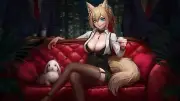 Anime girls cleavage big animal ears fox girl tail Playmat Gaming Mat Desk