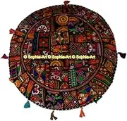 Sophia Art Round Floor Pillow Cushion Patchwork Pouf Ottoman Vintage Indian Foot Stool Bean Bag Floor Pillow Cover Home Decor Living Room Ottoman Bohemain Pillows (Black Rajkoti, 32 Inch)