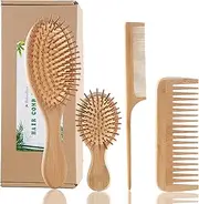 Bamboo Hair Brush and Comb Set - Eco-Friendly Anti-Static Detangling Brush and Combs for Women and Men, Massage Wooden Brushes for Thick, Thin, Curly, Straight, Dry or Wet Hair