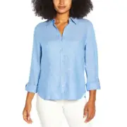 Orvis Womens Long Sleeve Linen Blend Top, Roll Tab, Light Blue Button Up, Size S