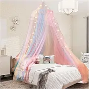 NYDECOR Rainbow Bed Canopy for Girls with Lights Princess Canopy for Girls Bed Mosquito Net for Single Twin Full Queen Size Reading Nook Canopy Bed Curtains Room Decor
