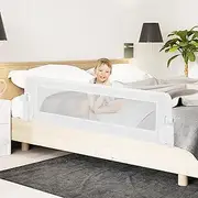 BABY JOY Foldable Bed Rail for Toddlers, 152 x 42 cm Swing Down Baby Bed Guard Rail w/Adjustable Safety Strap, Universal Kids Bedrail Guard for Twin, Double, Full, Queen & King Size Mattress, White