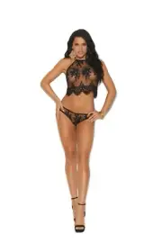 Elegant Moments 3967 Mesh Halter Embroidered Cami & Ruched Panty Black - Pick SZ