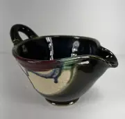 STUDIO POTTERY Green Stoneware Rippled CREAMER or GRAVY BOAT w Handle