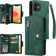 YocoverTech for iPhone 12 mini Case,for iPhone 12 mini Wallet Case[6 Card Slots and 1 Zipper Coin Pocket] PU Leather Stand Flip Cover with Wrist Strap[5.4 inch]-Green