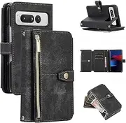 Wallet Case for Google Pixel Fold, 9 Card Slots Retro Leather Wallet Shockproof Flip Cover with Hand Strap Card Slots Zipper Pocket Kickstand Handbag Magnetic Closure Case