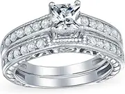 [Bling Jewelry] Personalize 1-3CT Brilliant Canary Yellow Cubic Zirconia Square Princess Cut Solitaire Cathedral Setting Thin Eternity Pave Band AAA CZ Anniversary Engagement Wedding Ring Set .925 Sterling Silver