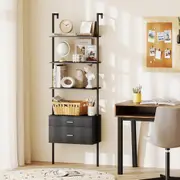 Costway 6-Tier Ladder Bookcase Wall-Mounted Bookshelf w/2 Drawers Modern Open Display Shelf Black