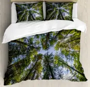 Nature Duvet Cover Set with Pillow Shams Jungle Moss Forest Trees Print