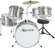 Karrera Mini 4 Piece Drum Kit Set Wooden | 2 Toms | Bass | Snare | Stool - Metallic Silver