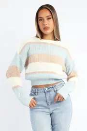 Beige Stripe Knit Top Long Sleeve Color Block - Size 12M, Women's Jumper