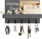 Home Sweet Home Key and Mail Holder for Wall, Key Rack with 5 Key Hooks, Wooden