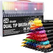 Gyorwst Colouring Pens 24 Colours Dual Brush Pens Felt Tip Pens Art Markers Drawing, Painting, Calligraphy, Colouring Books