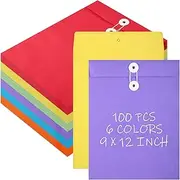 Fullhawl 100 Pcs Interoffice Envelopes with String Tie Closure and Button 9 x 12 Inches Mailing Envelopes Colored Expandable Files Folders Peper Document Envelope for Home Office Business Storing