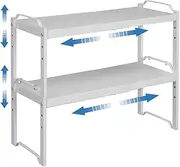 2 Pack Expandable Cabinet Countertop Shelves, Kitchen Cabinet Storage Racks, Stackable Adjustable Height Kitchen Storage Rack Spice Rack for Cabinets, Countertops, Bathroom, Living Room. (White)