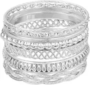 [Generic] 7Pcs Bohemian Chunky Stackable Textured Bangle Bracelet Set Multilayer Boho Bead Bracelet for Women Friend Vintage Jewelry