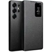 Galaxy S25 Ultra Case with View Window Genuine Cow Leather Flip Cover for Black