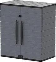 Duramax Cedargrain Short Plastic Vertical Storage Cabinet, 2 Door Cabinet with 2 Shelves, Garden Storage Cupboard, Outdoor Lockable Cabinet, Water Resistant Short Cupboard, Garden Storage Box, Grey