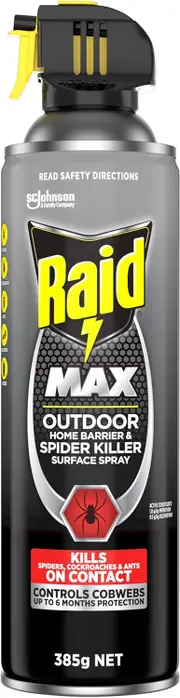 Raid Max Outdoor Home Barrier & Spider Killer Surface Spray, Works on Spiders, Cockroaches, and Ants, 385g Bottle