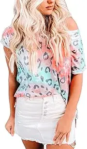 [Zylphorix] Women Leopard Gradient Color Short Sleeved T-Shirt Casual Leopard Print Pullover Top Loose Summer Round Neck Blouse Tee