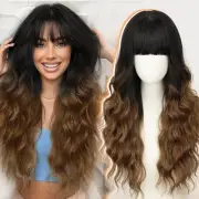 Black To Brown Wig with Bangs Long Wavy Synthetic Wig for Women with Daily Pa...