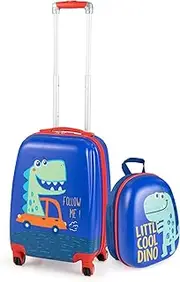 [Costway] 2 PCS Kids Luggage Set, Toddlers Carry-on 13” Backpack & 18”Large Rolling Suitcase, Hardside Luggage Set w/Spinner Wheels & Retractable Handle,Travel Luggage for Boys & Girls