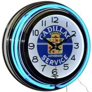 15" Cadillac Authorized Service Double Neon Clock Garage Man Cave Decor (Blue)