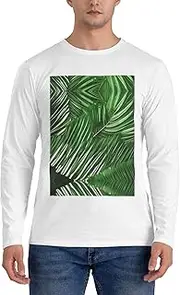 [GaxfjRu] Lush Green Palm Leaves Print Casual Crewneck Lightweight Sweater Men's Long Sleeve Shirts, Sizes S-3X, White, S