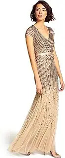 [Adrianna Papell] Women's Long Beaded V-Neck Dress with Cap Sleeves and Waistband