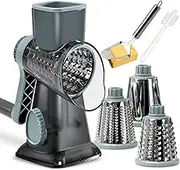 KEOUKE Rotary Cheese Grater with Handle Vegetable Cheese Shredder Slicer Grater for Kitchen 3 Changeable Blades for Cheese Potato Zucchini Nuts Chocolate - GreyBlue