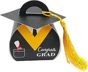 AIMALL 50PCS Graduation Cap Candy Boxes, Striped Bachelor & Doctor Cap Design, Tassel Detail, Party Favor Cartons, Yellow & Red, 2.2x2.2x3.5 Inches