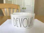 RAE DUNN 6" CERAMIC PET WATER OR FOOD BOWL DOG CAT DEVOUR LARGE LETTERS