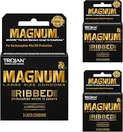 Trojan Magnum Ribbed Male Condoms, 3 Count Pack of 3