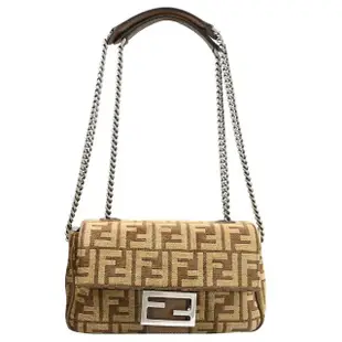 【FENDI 芬迪】經典F LOGO雙F緹肩斜三用翻蓋鍊包(卡其/咖)