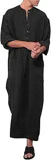 [Generic] Men's Kaftan Thobe Long Sleeve Men Button Down Thobe Robe Side Split Gown Shirt Men Thobe with Pockets Casual Thobe